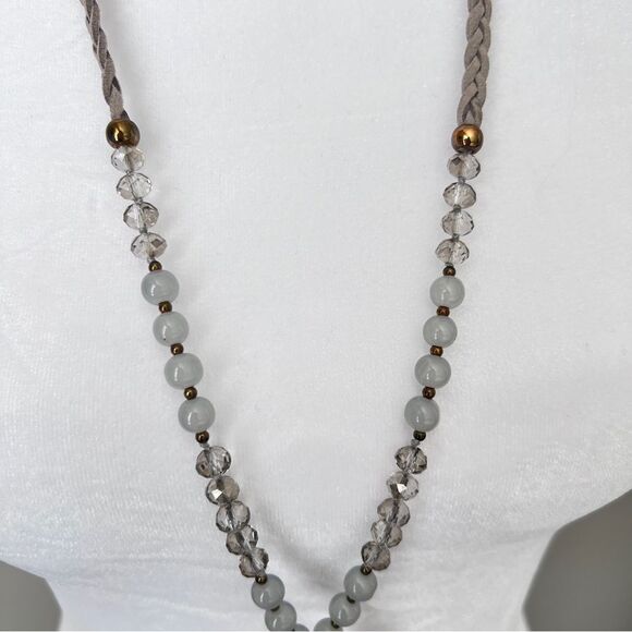 21” Boho Vintage Gray Suede Beaded Tassel Braided Long Necklace - Picture 5 of 7